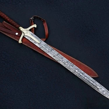 Handmade Damascus steel sword full tang Medieval Replica Golden Sword , Sheath