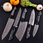 Five-piece smoky gray wood Damascus chef knife set