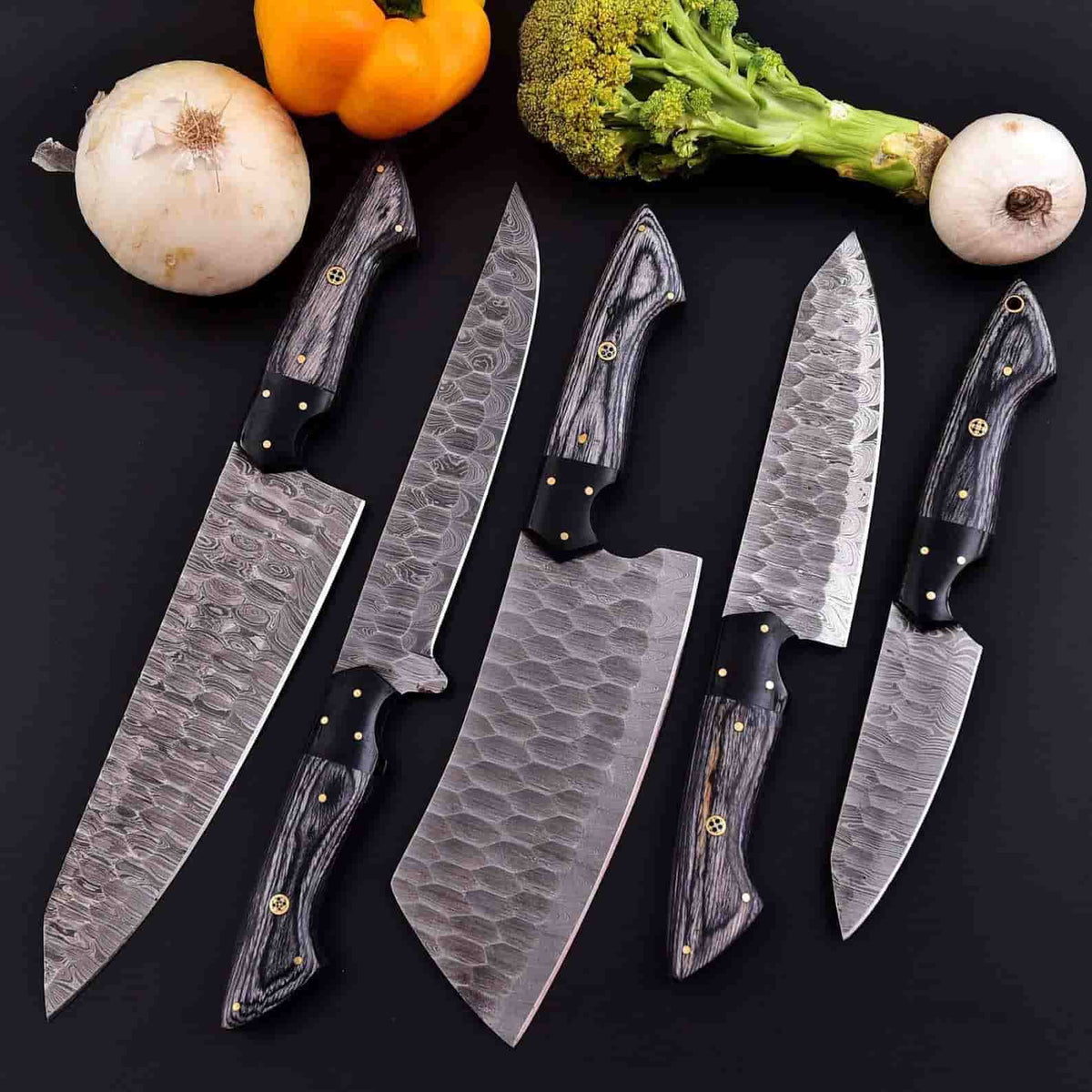 Five-piece smoky gray wood Damascus chef knife set