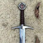 handmade Knights Templar Accolade collector sword with leather-wrapped wood handle – view 2