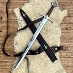 handmade Knights Templar Accolade collector sword with leather-wrapped wood handle – view 1