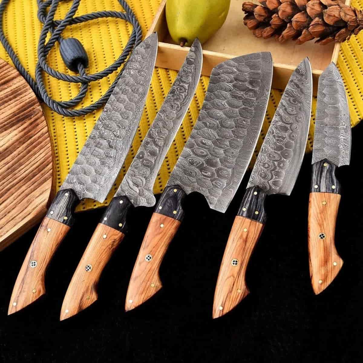 Five-piece walnut-tone Damascus chef knife set
