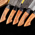 Walnut-tone wood handles and flowing Damascus patterns