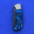 6.5-inch handmade twist Damascus folding knife with coloured wood handle and sheath – view 3
