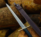 36-inch handmade Damascus Viking sword with leather-wrapped handle and sheath – view 1