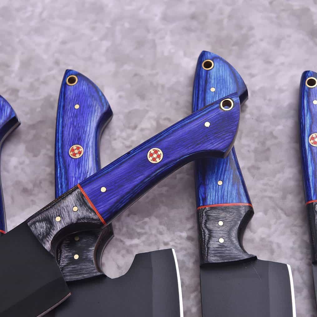 Matte black kitchen blades and blue wood handle details